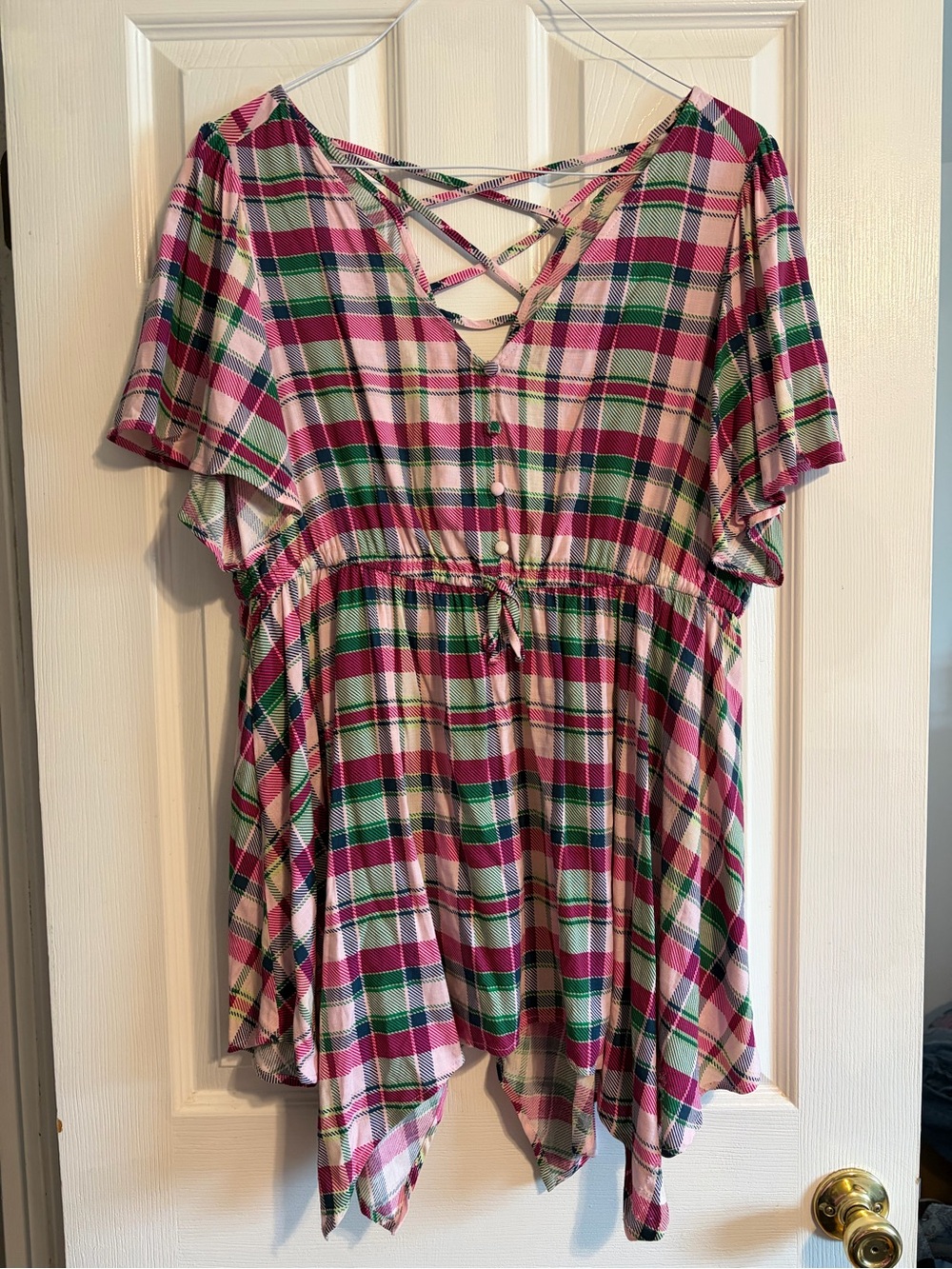 Torrid Plaid Babydoll Top 1 1X Flutter Sleeve Sharkbite Blouse Plaid